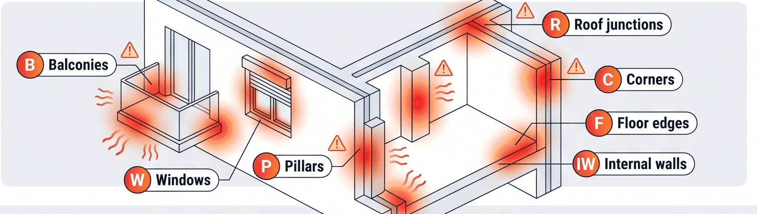 Schema isometrico di un edificio con i ponti termici evidenziati in rosso su balconi, finestre, pilastri, giunti di copertura, angoli, bordi di solaio e pareti interne